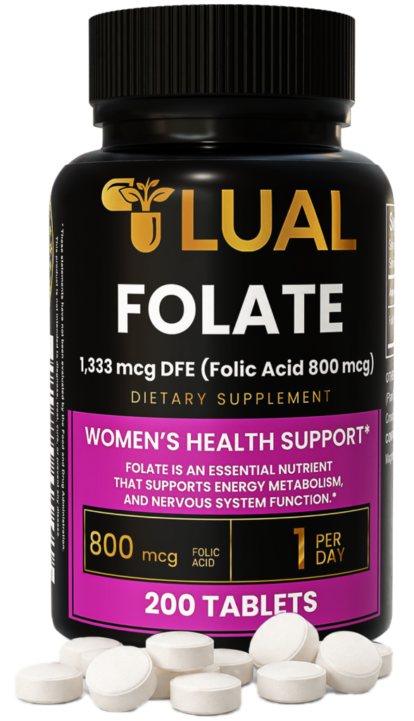 LUAL Folate 1,333 mcg DFE (800 mcg Folic Acid) women's wellness supplement bottle with 200 tablets for daily folate support, energy metabolism and nervous system function.