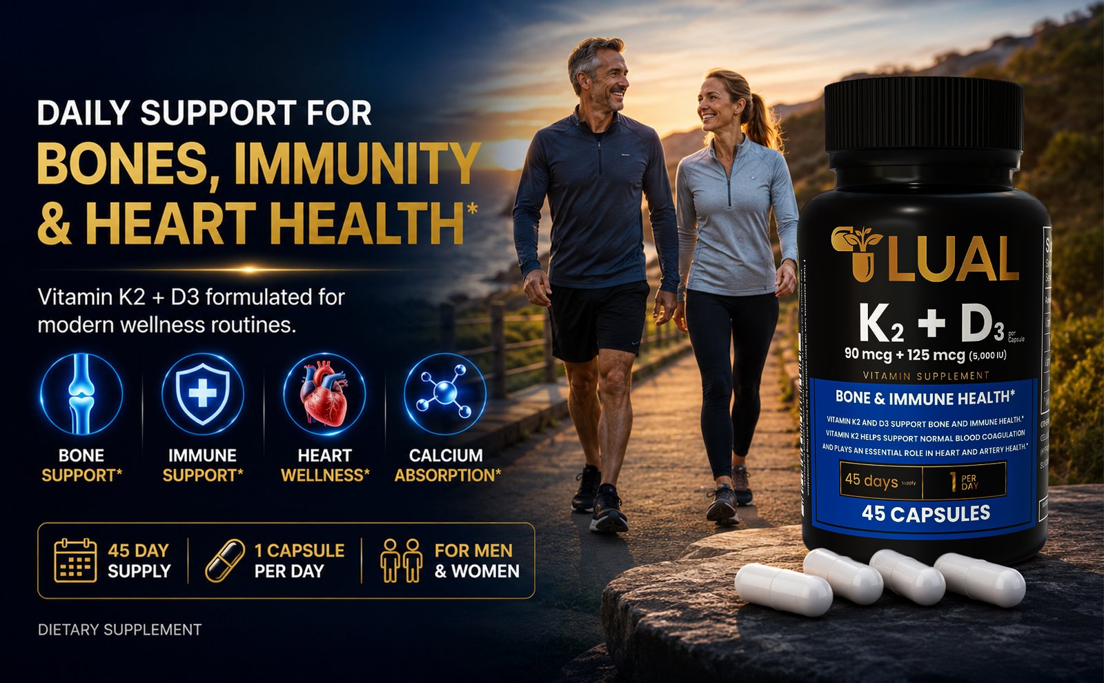 LUAL Vitamin D3 5000 IU with Vitamin K2 MK-7 90 mcg supporting bone, immune and heart health