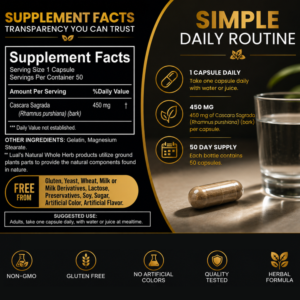 LUAL Cascara Sagrada 450mg Supplement Facts Label