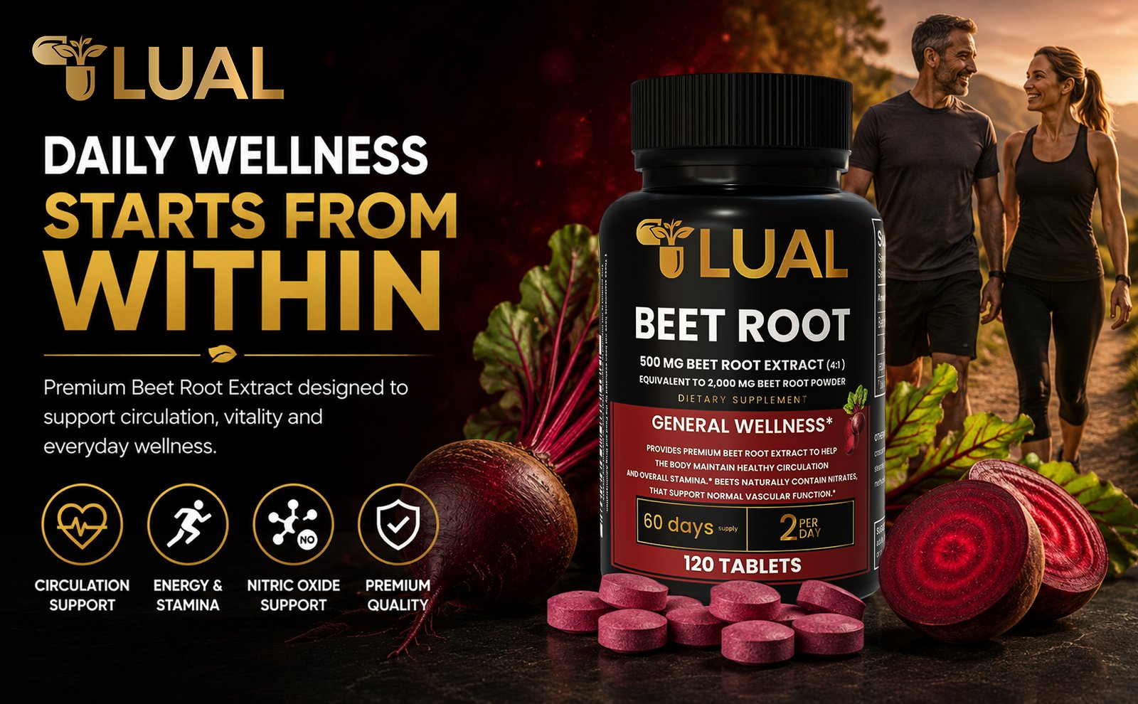 LUAL Beet Root Extract 500mg 4:1 equivalent to 2,000mg beet root powder supporting circulation, nitric oxide production, daily stamina, energy and overall wellness, 120 tablets